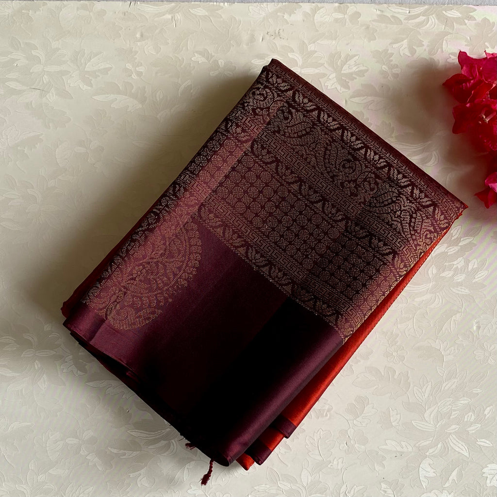 Deep Maroon And Bright Orange Designer Pure Silk Saree With Zari