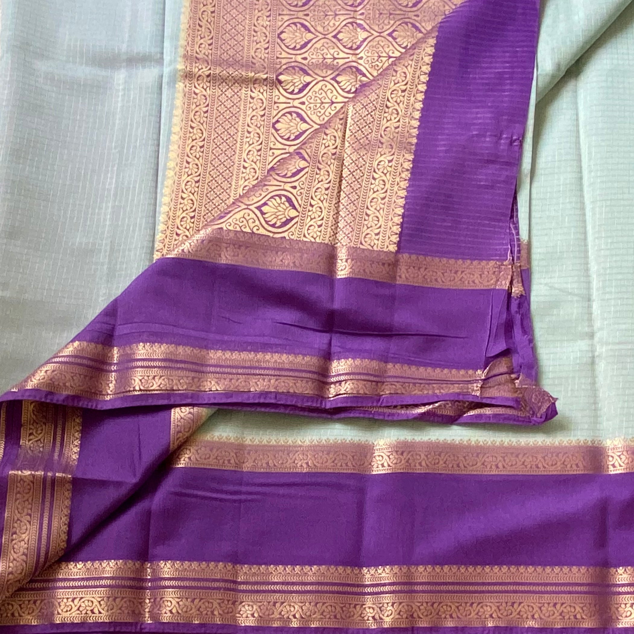 Mint Green Saree With Purple Pallu Gold Brocade Festive Wear