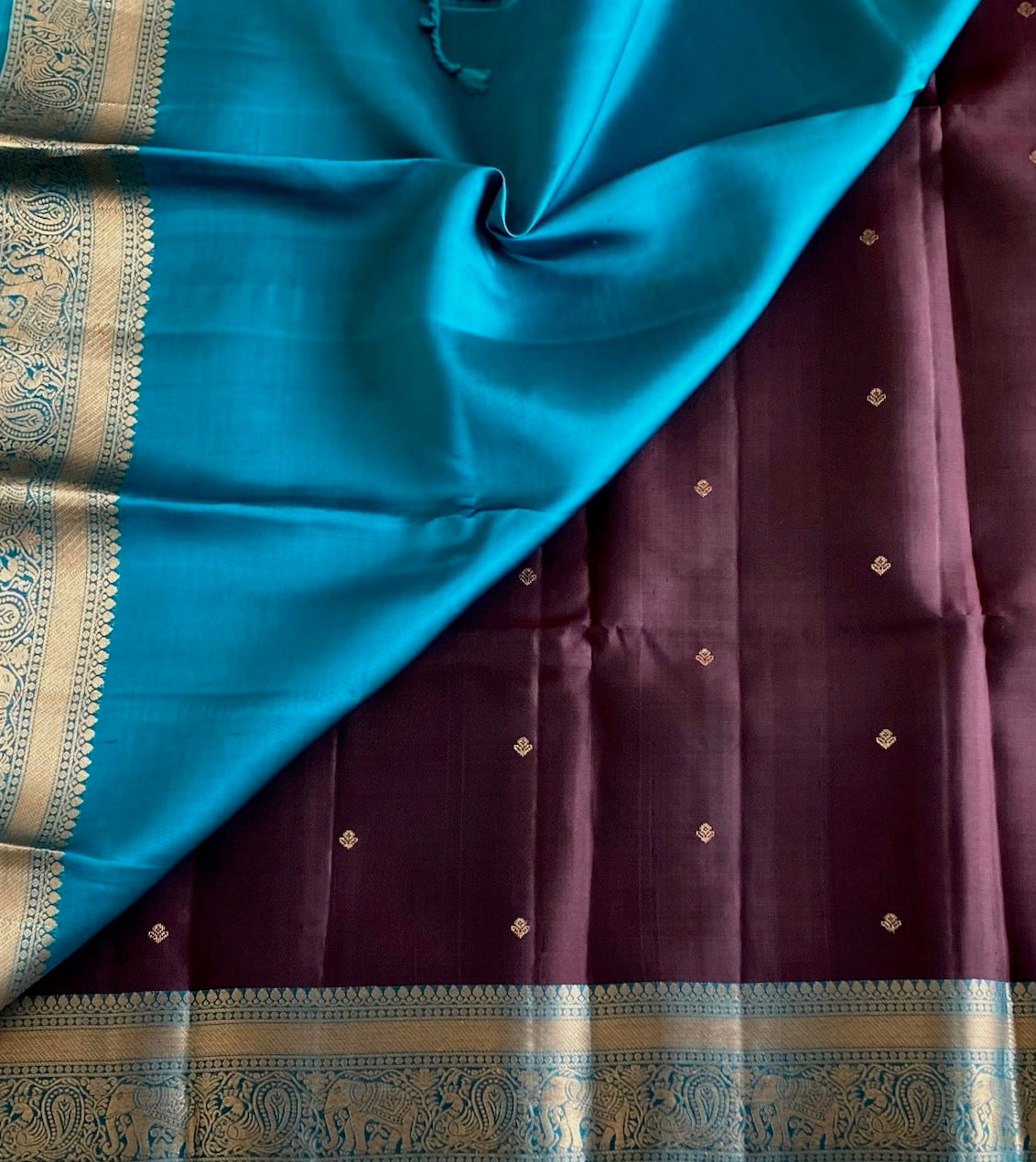 Deep Coffee Designer Pure Silk With Teal Blue Pallu