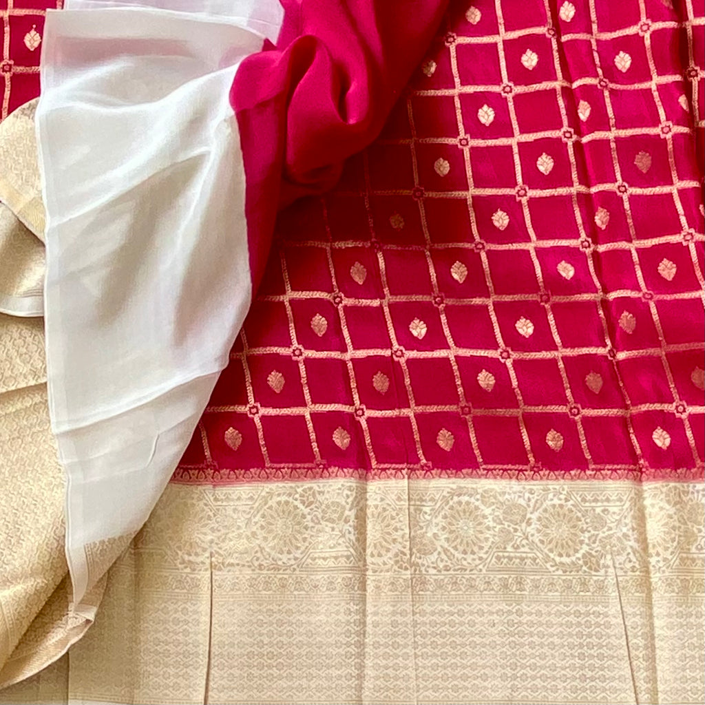 Cherry pink with Ivory checkered soft crepe silk beauty