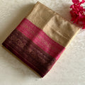 Tri Colour Beige Burgundy And Rose Pink Banarasi Crepe Silk Saree With Gold Zari