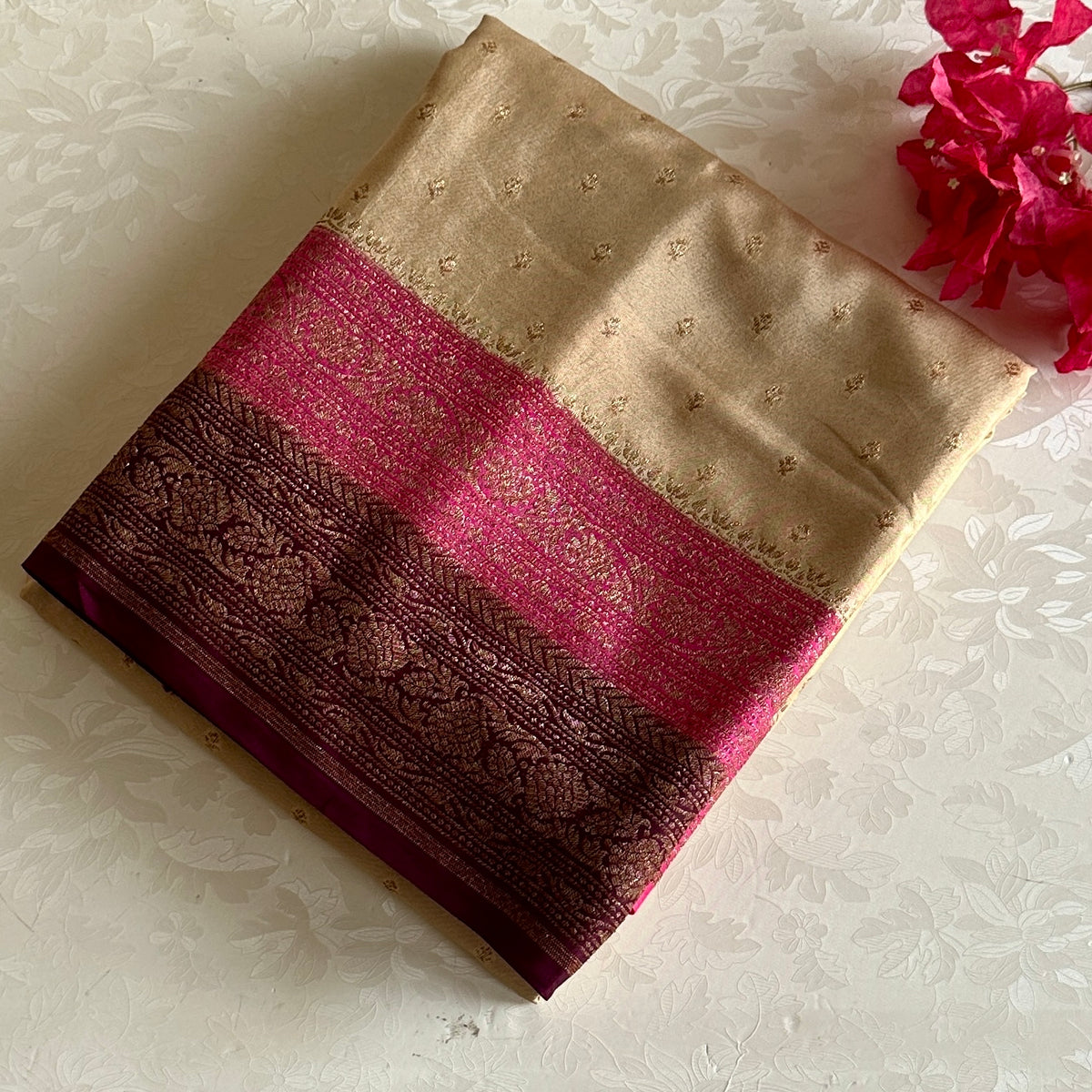 Tri Colour Beige Burgundy And Rose Pink Banarasi Crepe Silk Saree With Gold Zari
