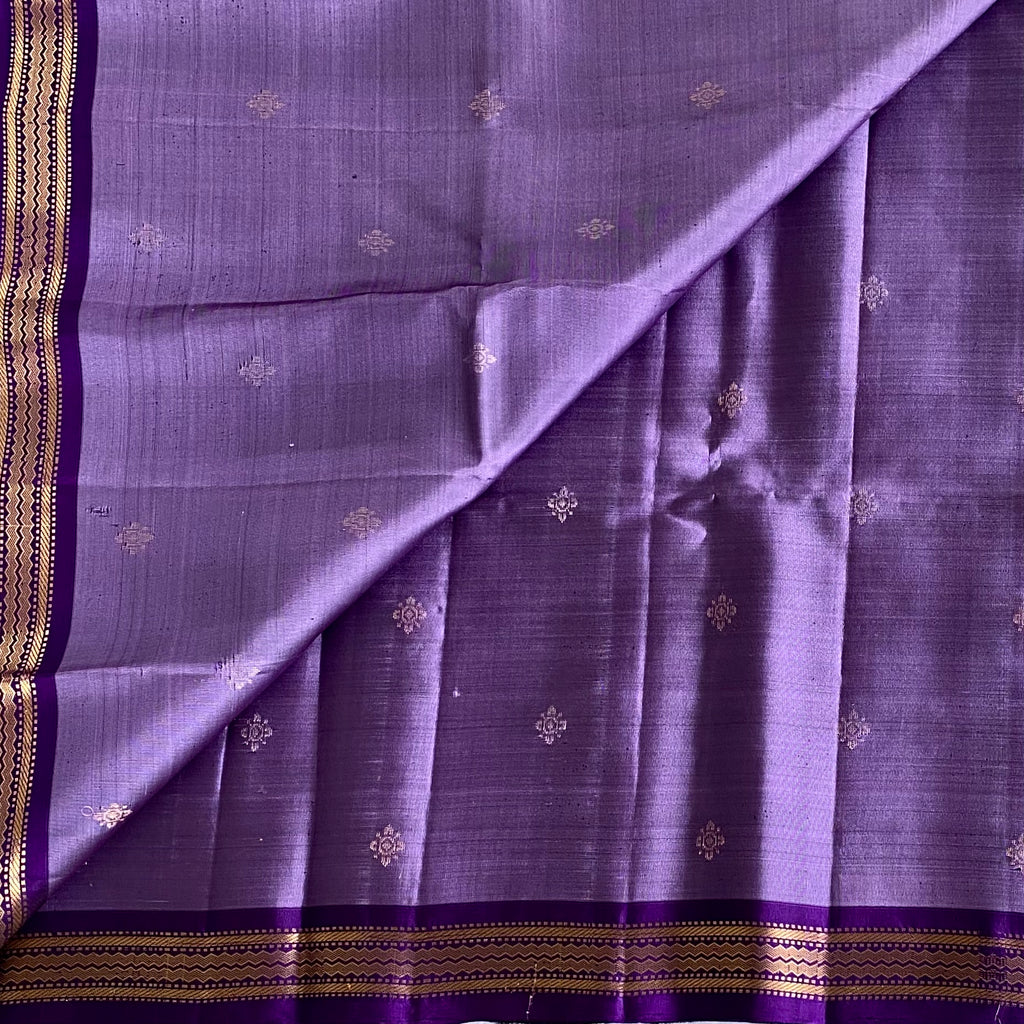 Lavender Designer Pure Silk Saree With Royal Purple Pallu And Gold Zari