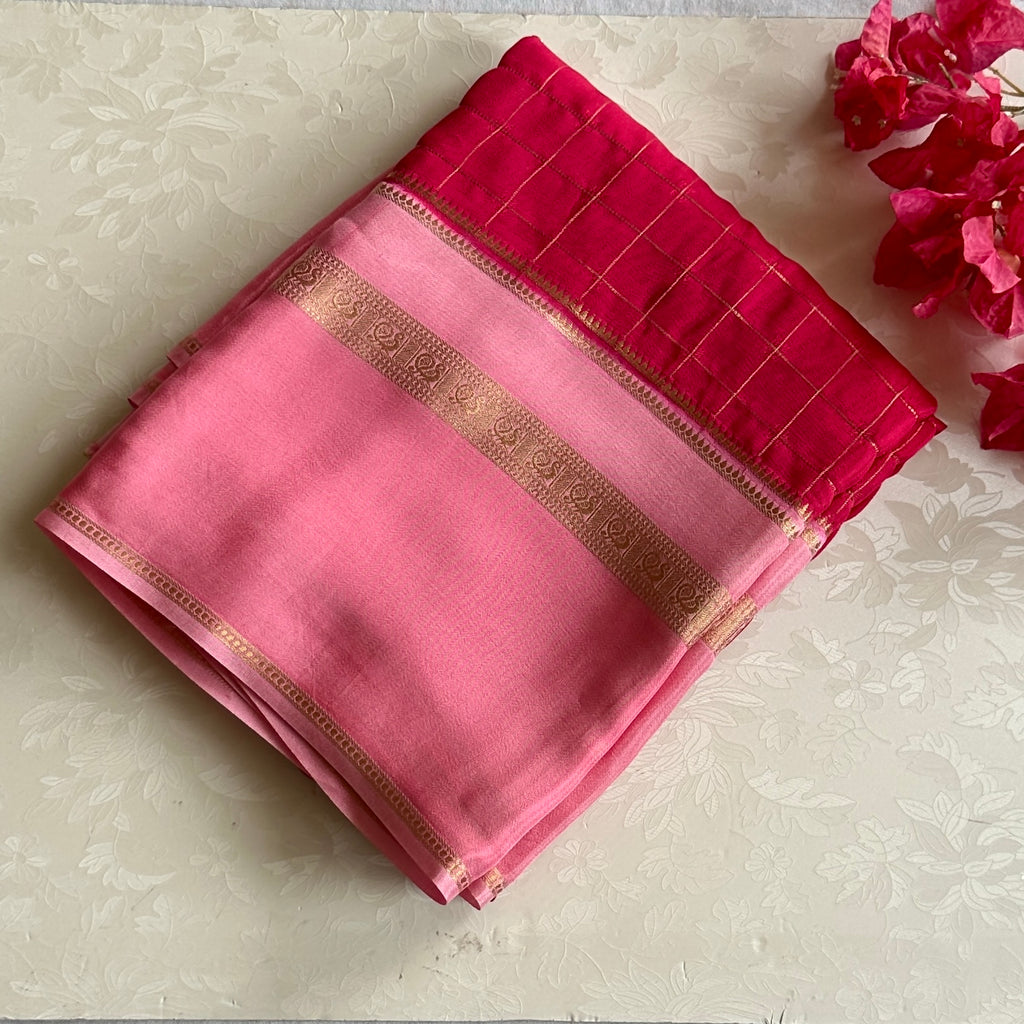 Stunner red with soft rose pink premium crepe silk with checkered work