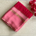 Stunner red with soft rose pink premium crepe silk with checkered work