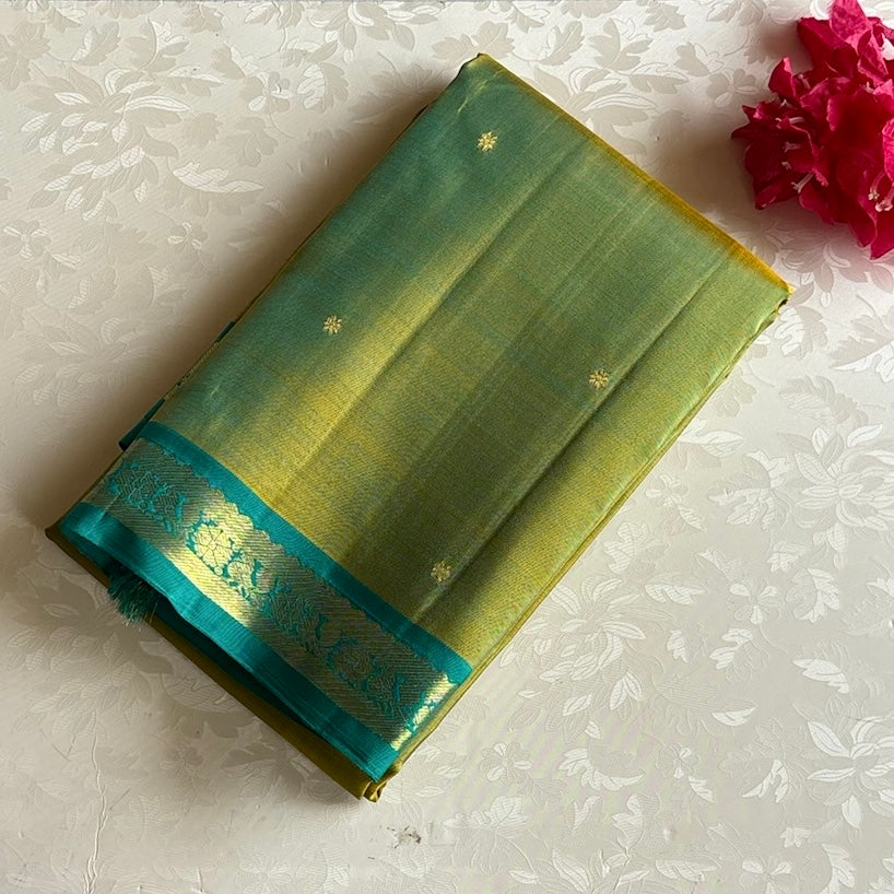 Dual Shaded Olive Green & Turquoise Kanjeevaram Pure Zari Silk Saree