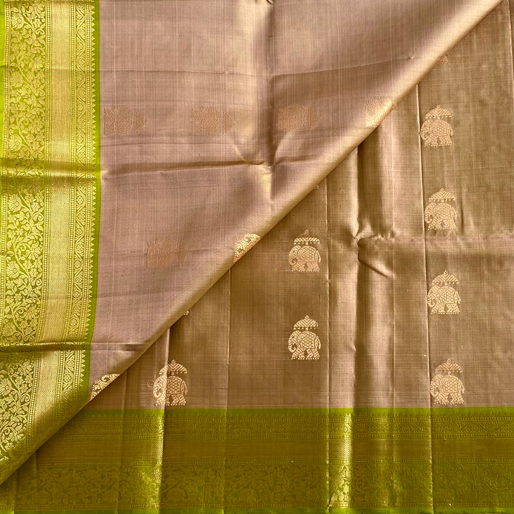 Subtle Golden Beige Designer Pure Silk Saree With Chartreuse Green Pallu