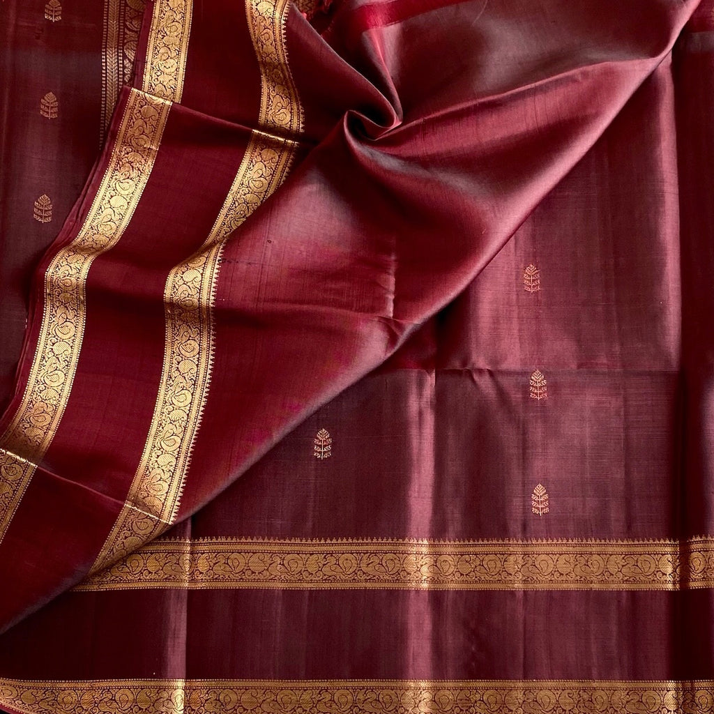 Burgundy Designer Pure Silk Saree With Gold Zari Borders And Paisley