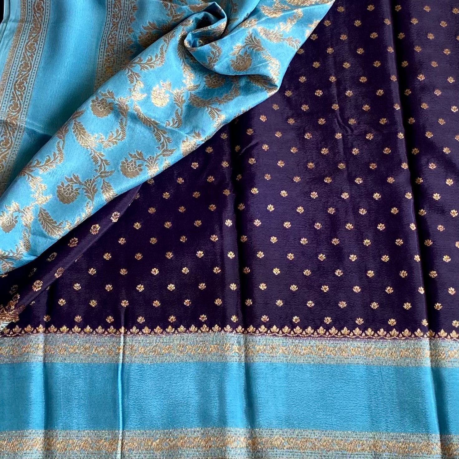 Midnight Navy And Turquoise Blue Banarasi Crepe Silk Saree With Zari Brocade