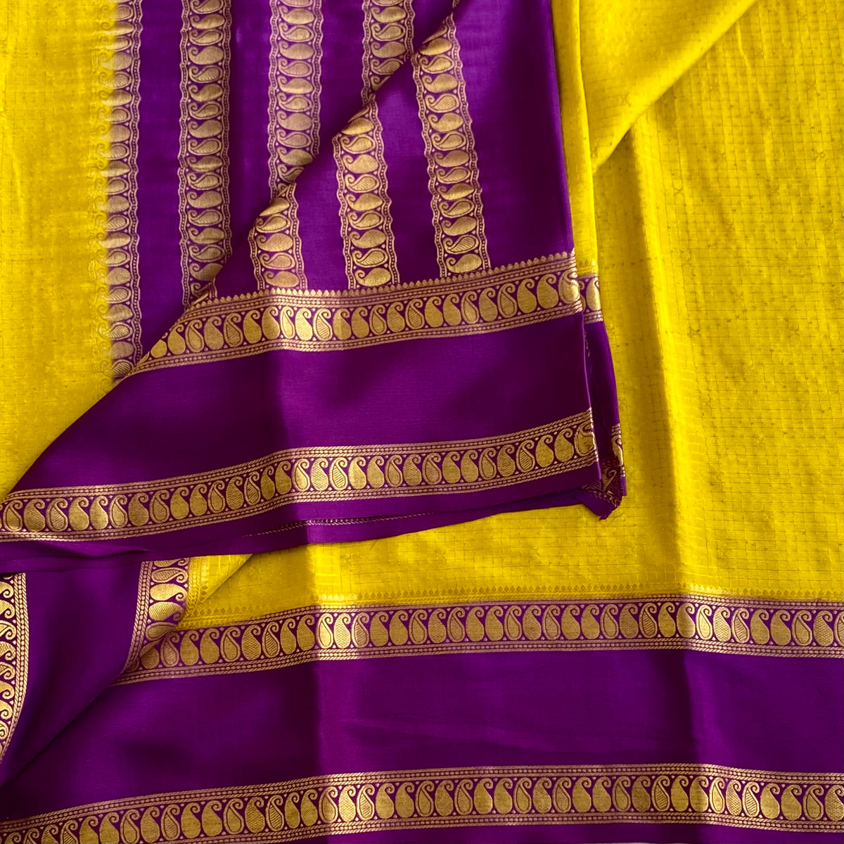 Lime Green Checkered Mysore Crepe Silk Saree With Rich Purple Pallu