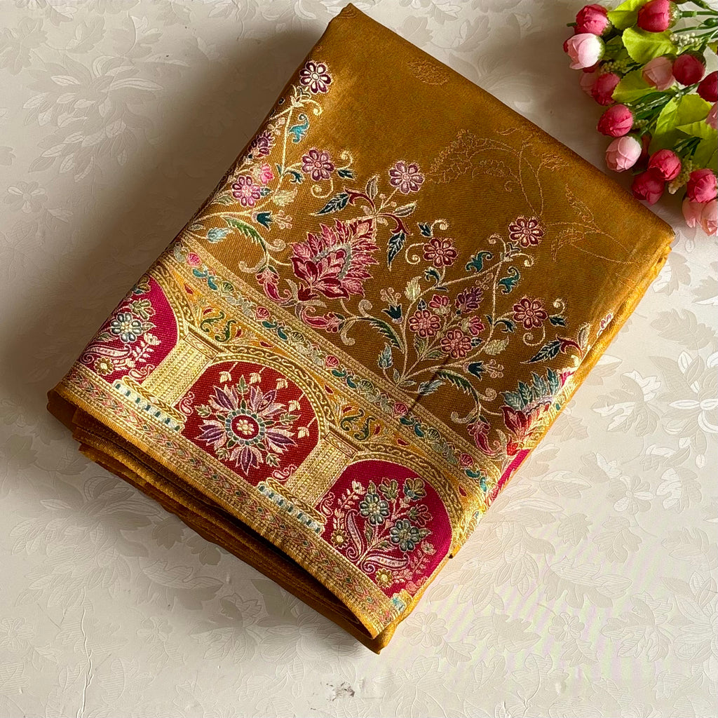 Mustard Gold Meenakari Soft Tussar Silk Saree With Deep Magenta Pallu And Temple Border