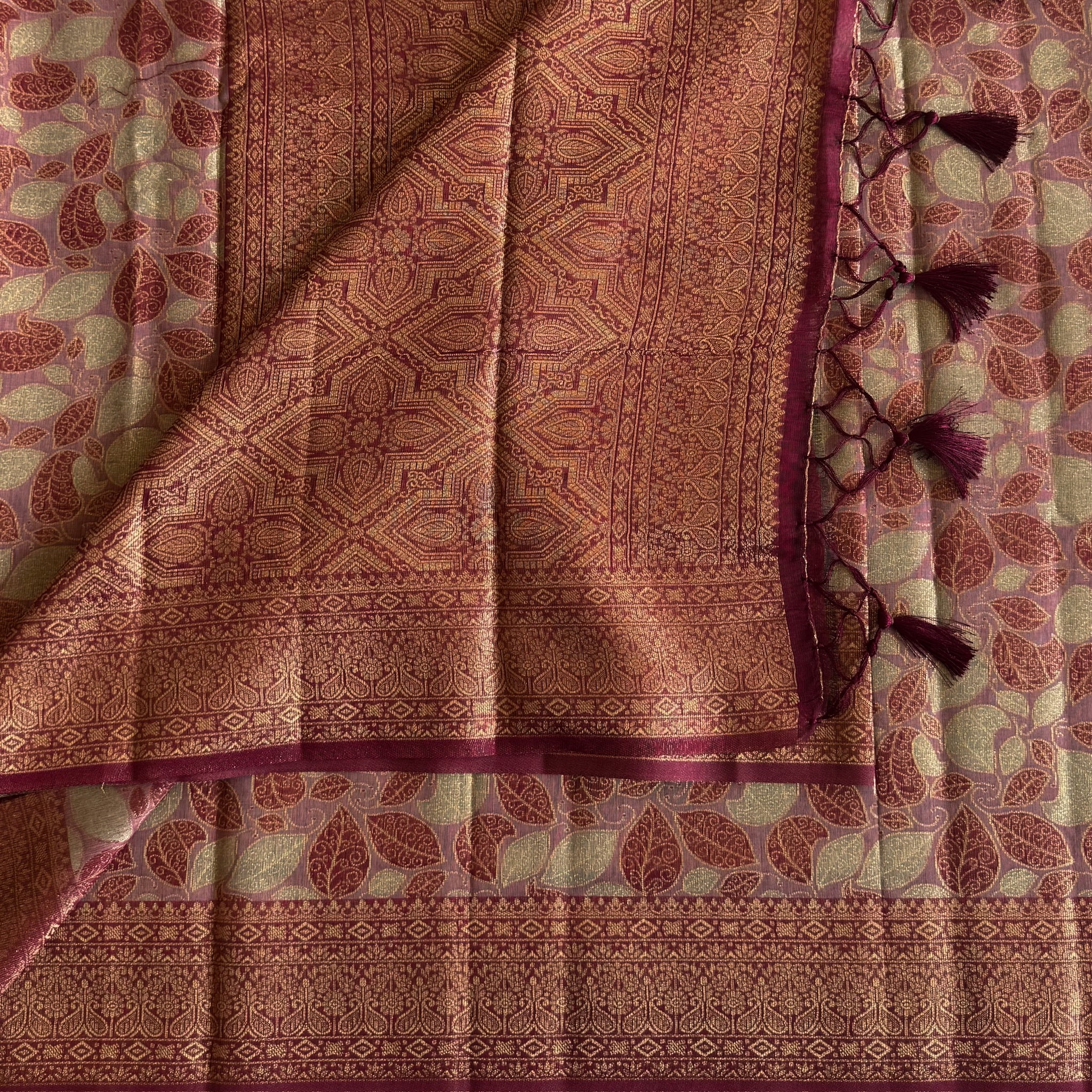 Magenta Brocade Leaf Motif Saree With Antique Gold Zari