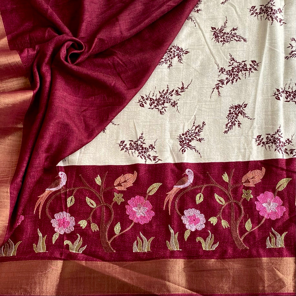 Ivory Soft Tussar Silk Saree With Maroon Embroidered Pallu And Zari Border