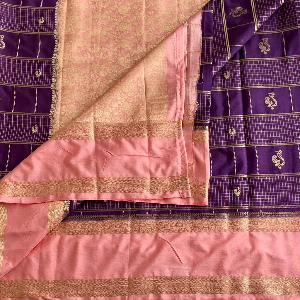 Dreamy Purple Soft Crepe Checkered Silk With Blush Pink Contrast