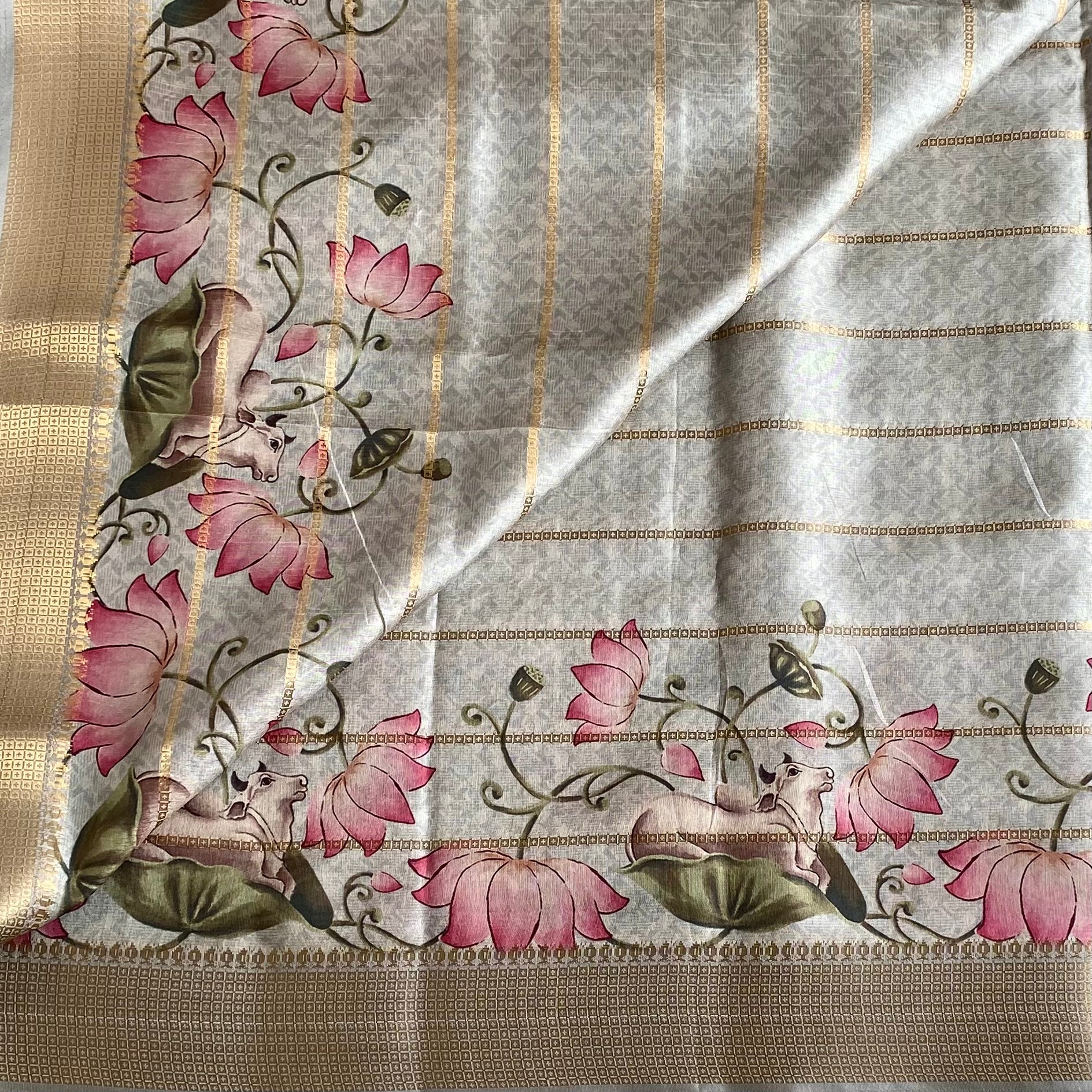 Silver Gray Soft Tussar Silk Saree Lotus Pink Motifs Gold Border