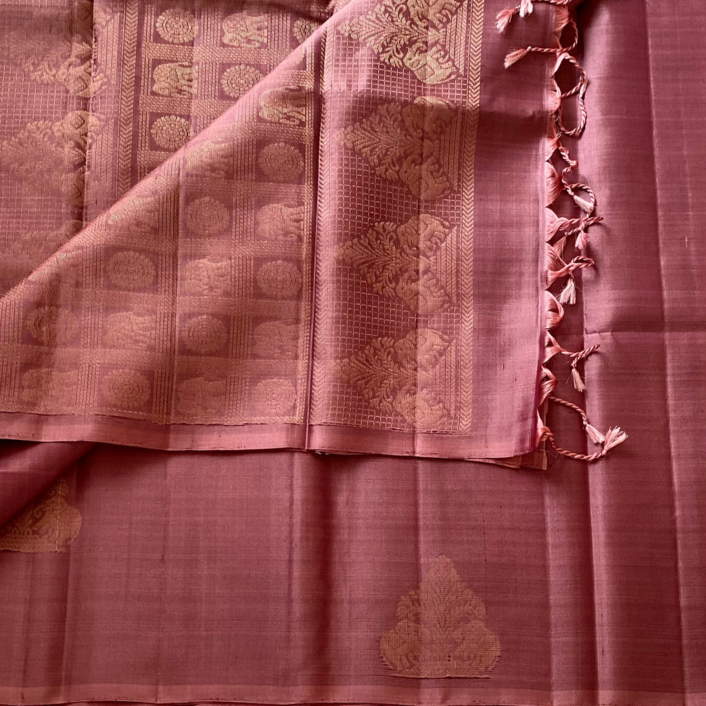 Metallic Bronze Copper Designer Pure Silk Saree Antique Gold Zari Butta Pallu