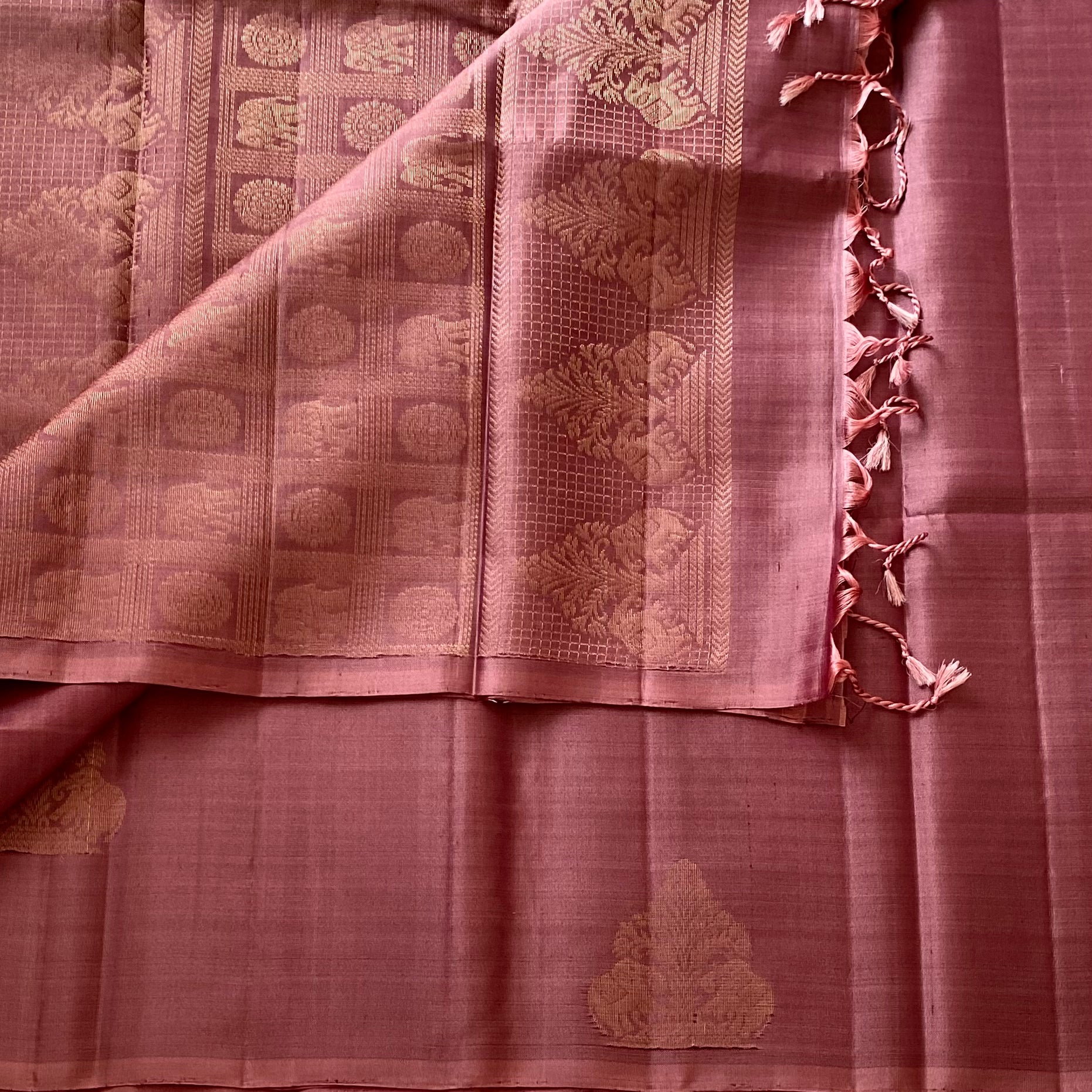 Metallic Bronze Copper Designer Pure Silk Saree Antique Gold Zari Butta Pallu