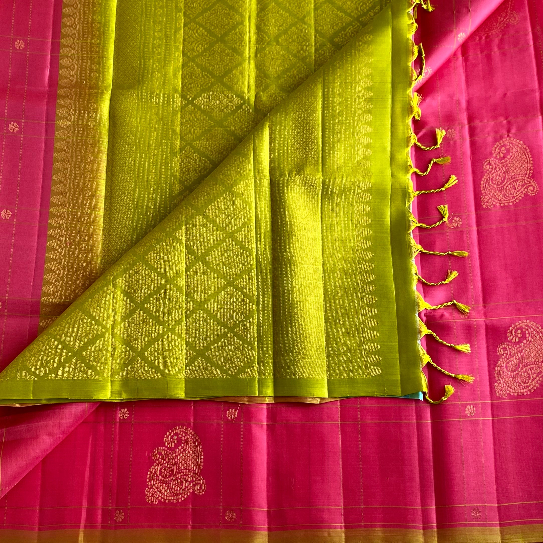 Rani Pink Designer Pure Silk Saree With Lime Green Border