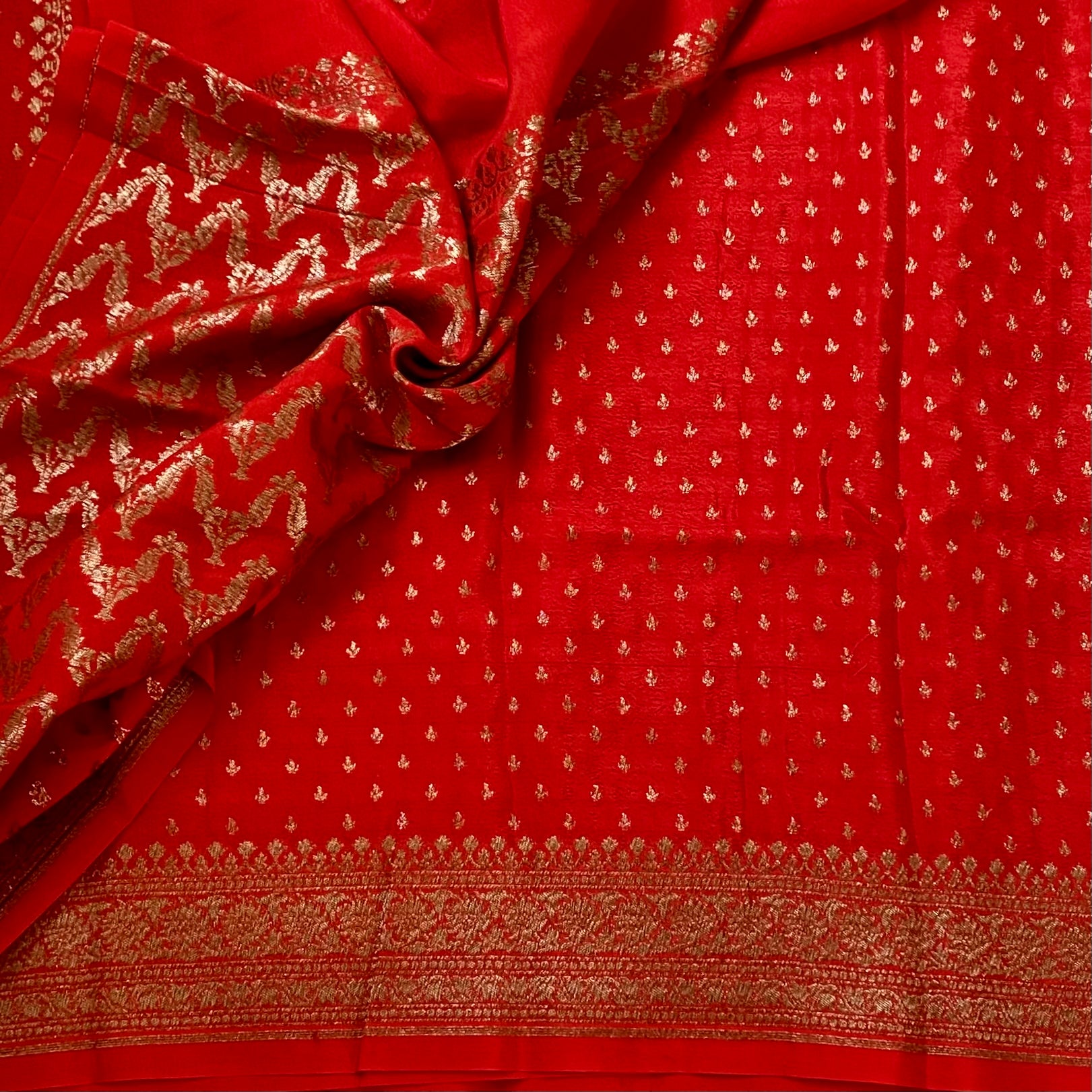 Scarlet Red Silk Saree with Gold Brocade and Wide Border