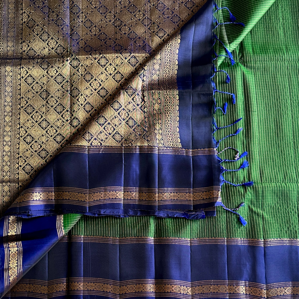 Royal Blue And Emerald Green Saree With Gold Diamond Zari