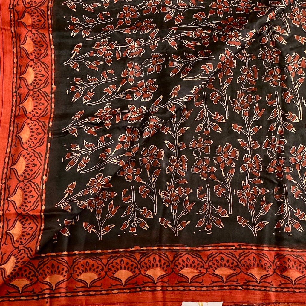 Jet Black Ajrakh Handblock Printed Silk Saree With burnt orange