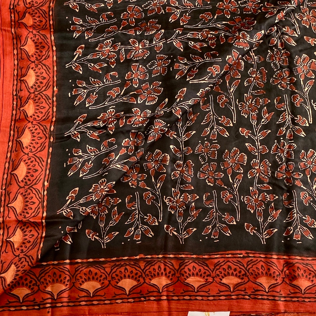 Jet Black Ajrakh Handblock Printed Silk Saree With burnt orange
