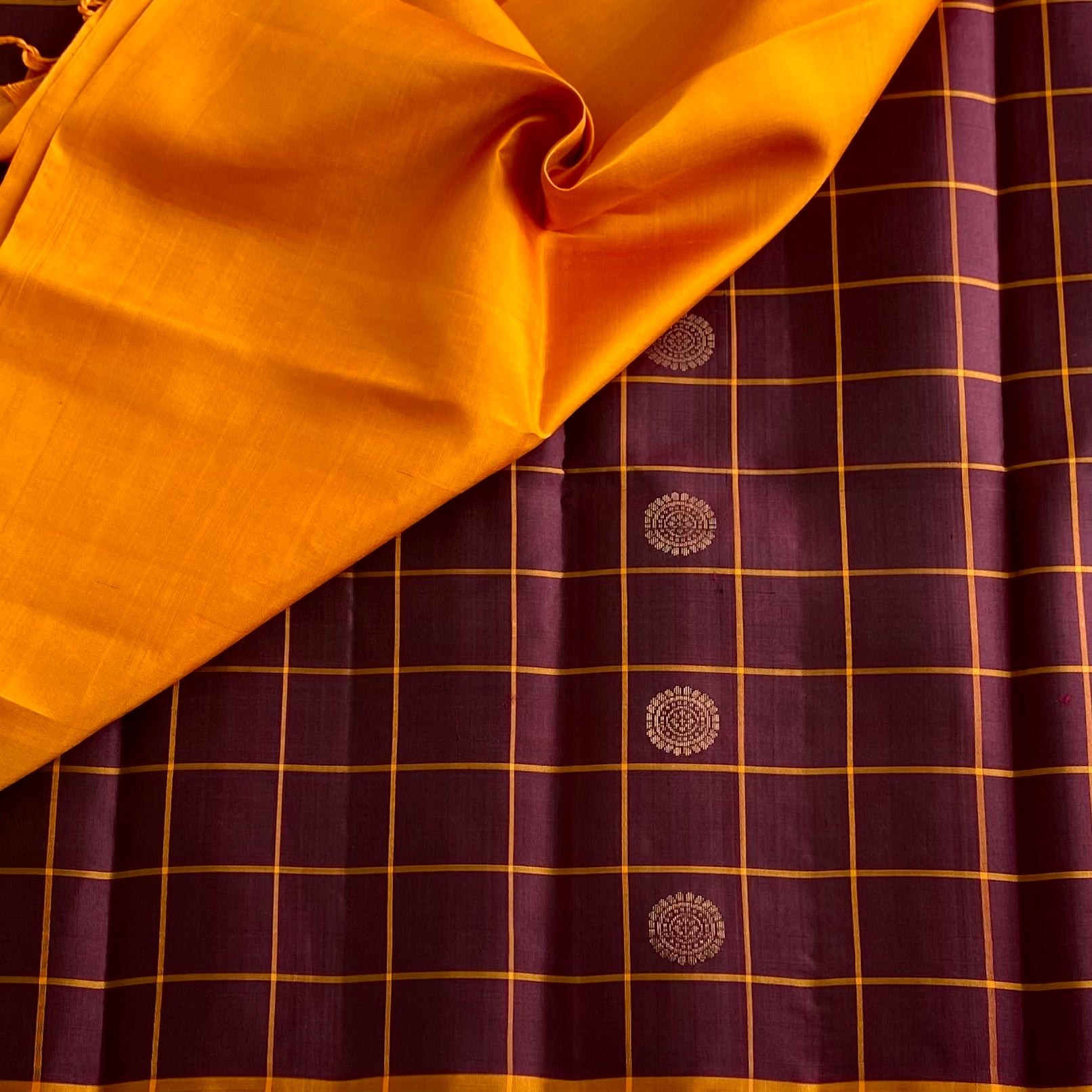 Plum Brown Designer Pure Silk Saree With Saffron Orange Pallu
