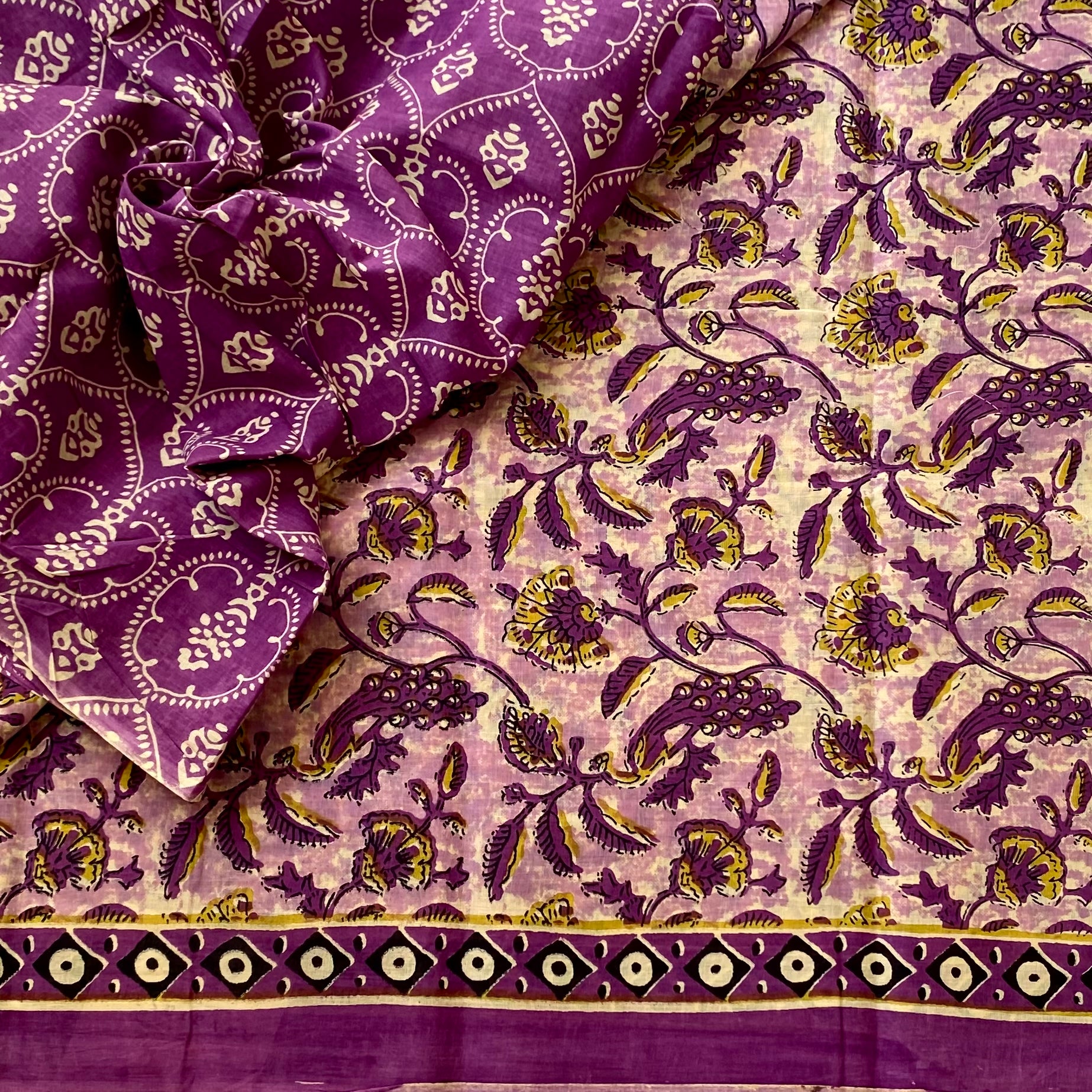 Purple Mustard Printed Cotton Saree Floral Pallu Geometric Border