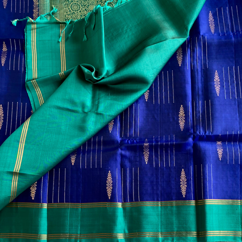 Royal Blue Designer Pure Silk Saree With Teal Green Pallu