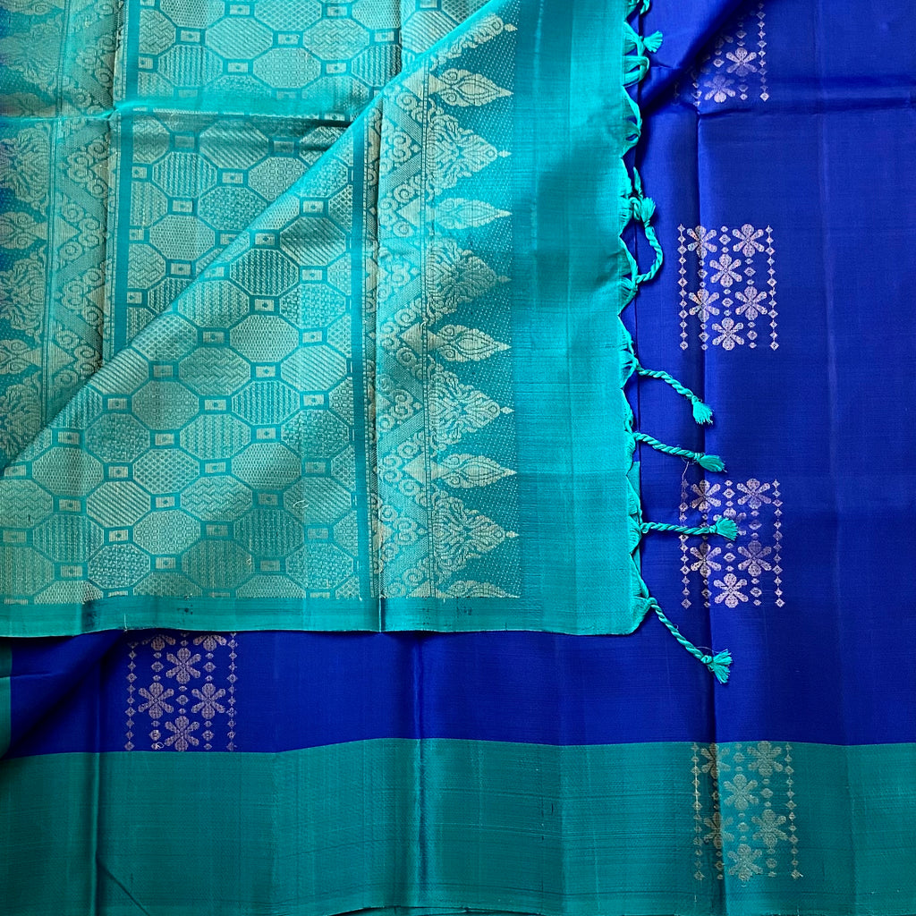 Royal Blue Teal Silk Saree Silver Zari Geometric Motif Border