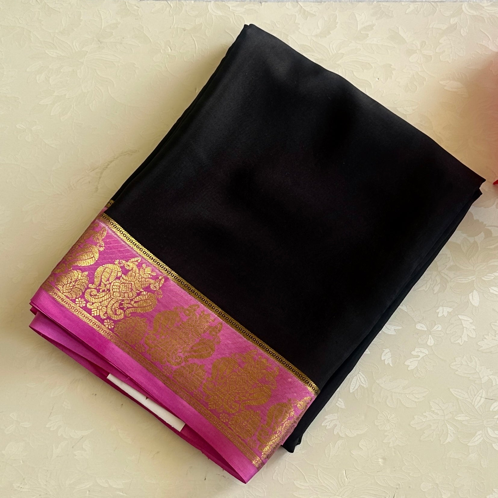 Jet Black Saree Magenta Border Gold Zari Festive Traditional Wear