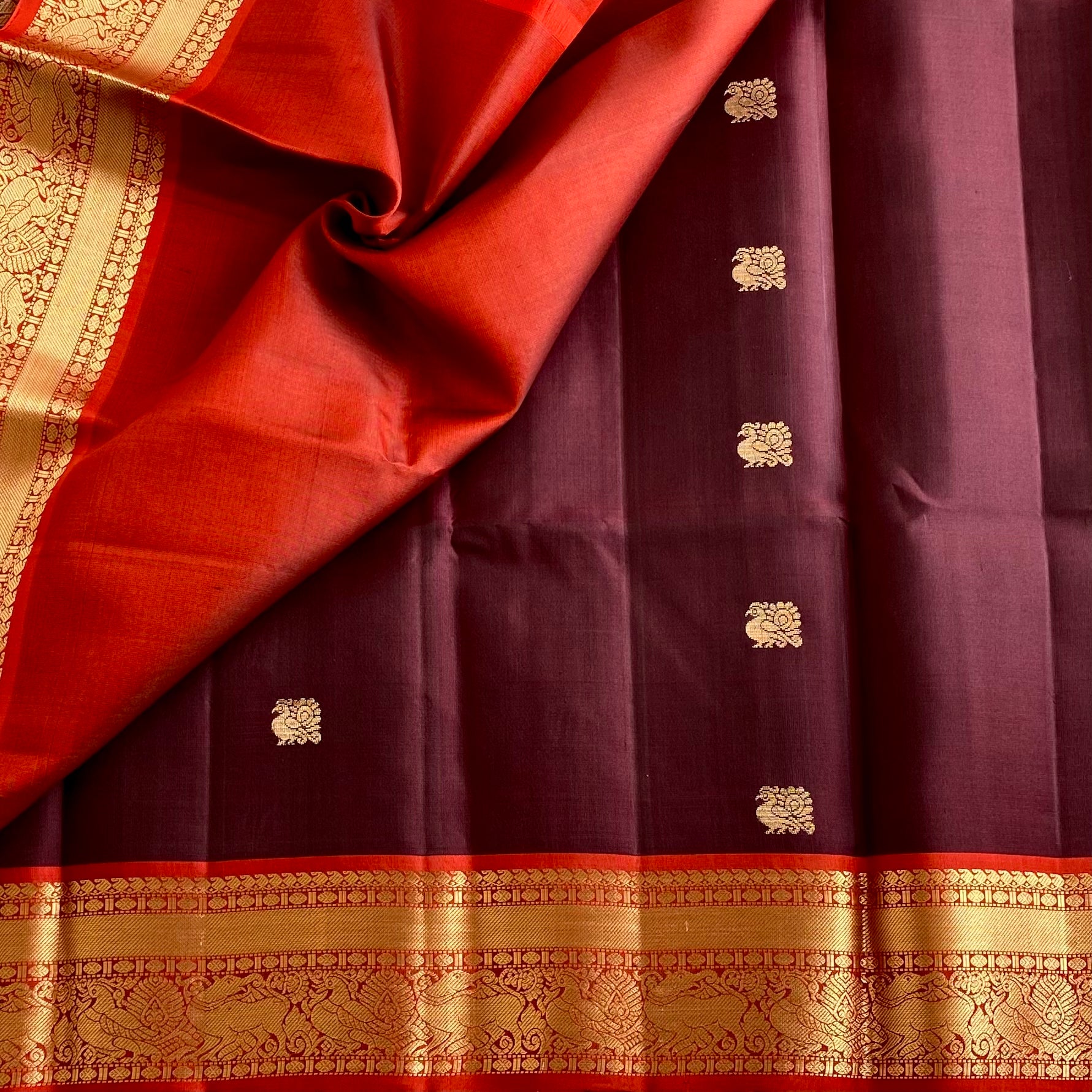 Espresso Wine Designer Pure Silk Saree With Bright Orange Pallu And Gold Zari