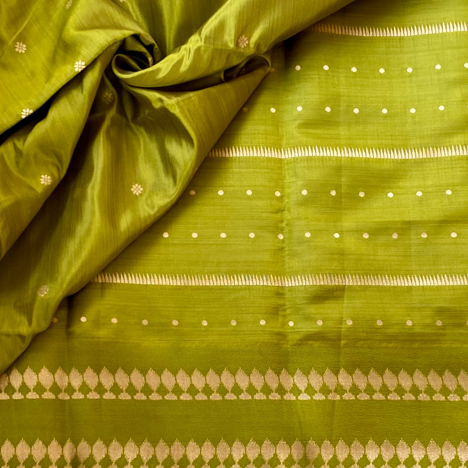 Olive Green Silk Saree Pale Gold Woven Geometric Pallu Tassels