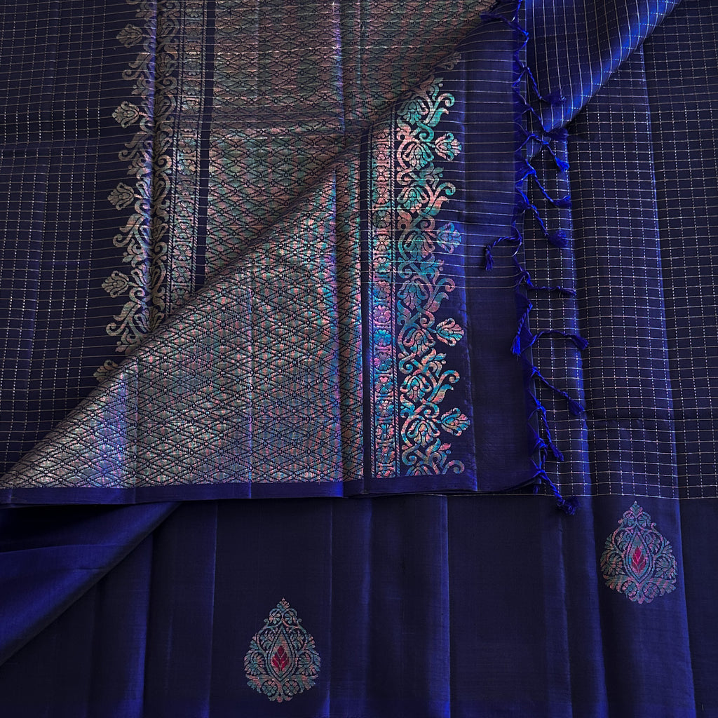 Sapphire Blue Silk Saree Silver Zari Floral Border Paisley Buta