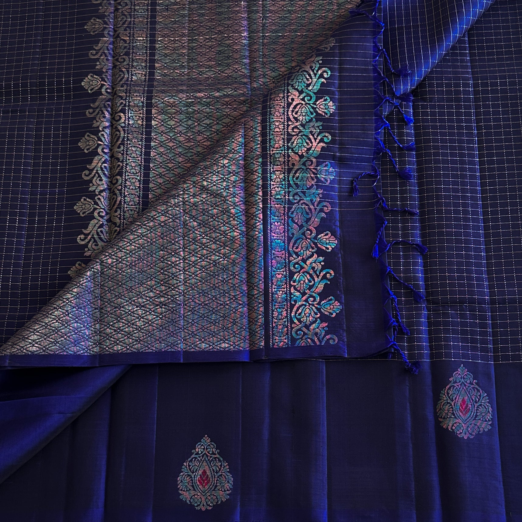 Sapphire Blue Silk Saree Silver Zari Floral Border Paisley Buta