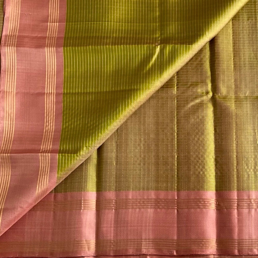 Olive Green Designer Pure Silk Saree With Dusty Rose Pallu