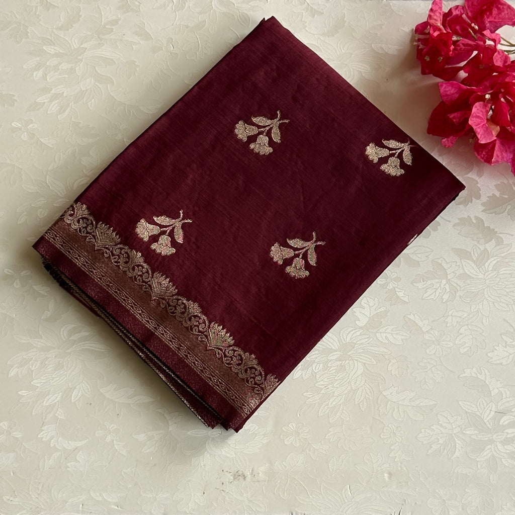 Wine maroon soft tussar with antique silver buttas