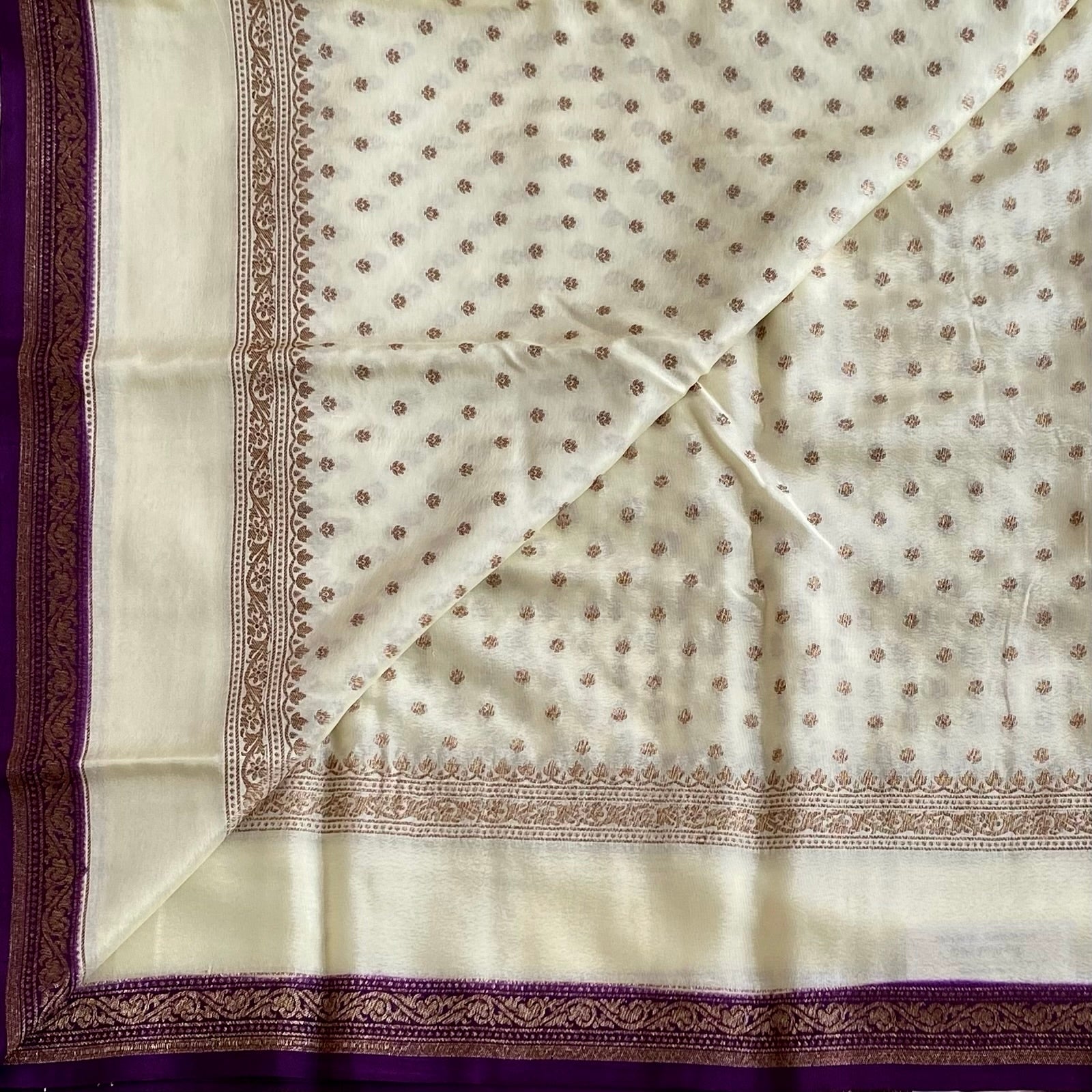 Ivory Banarasi Soft Crepe Silk With Rich Purple Contrast