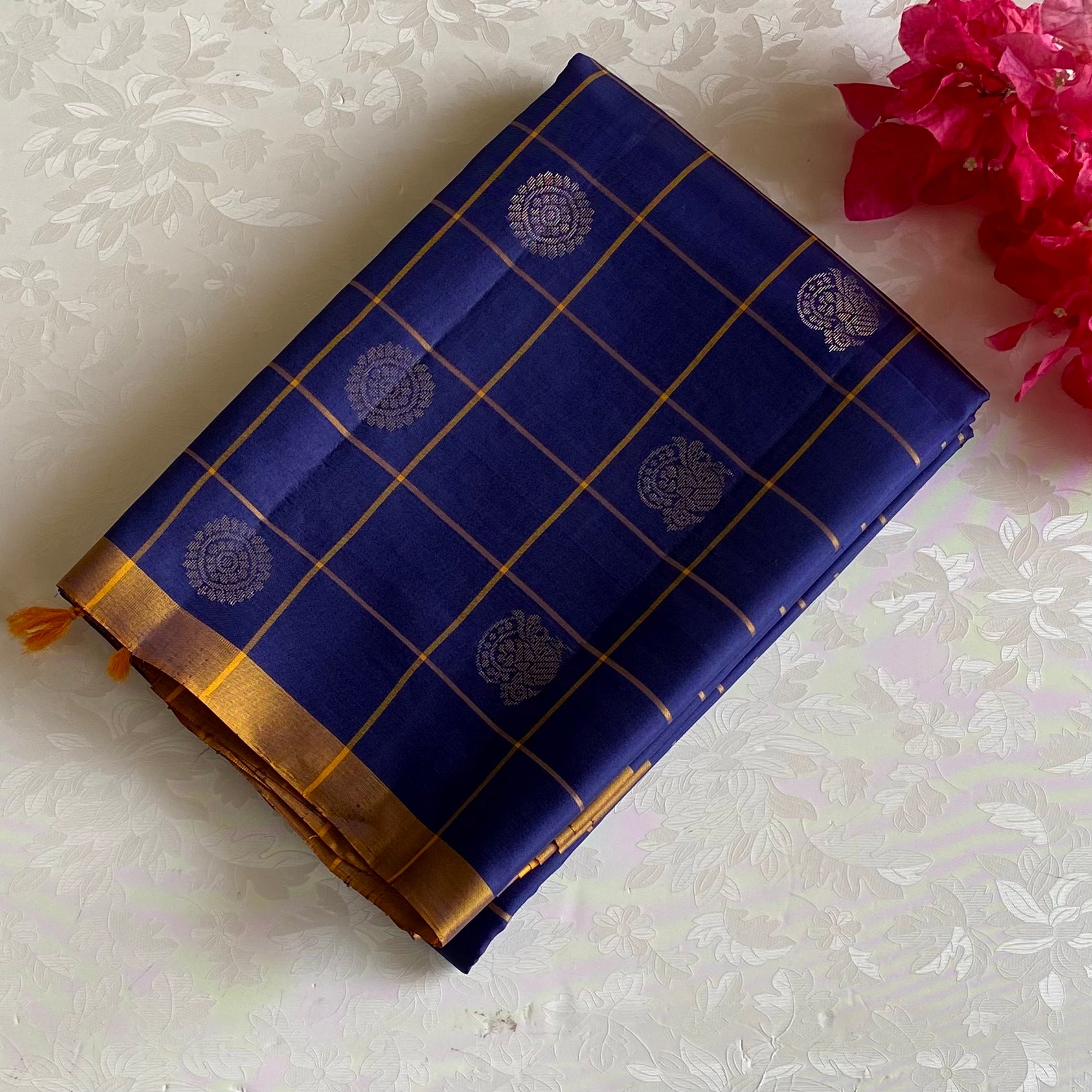 Indigo Blue Designer Pure Silk Saree With Mustard Yellow Pallu
