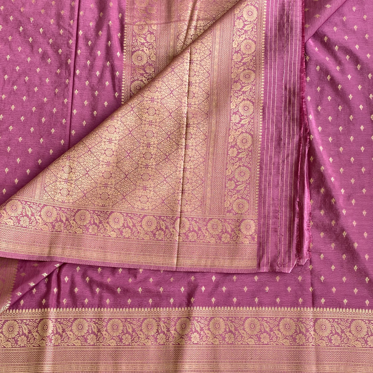Dreamy Onion Pink Soft Satin Crepe Silk Saree With Zari Gold Pallu And Buttas