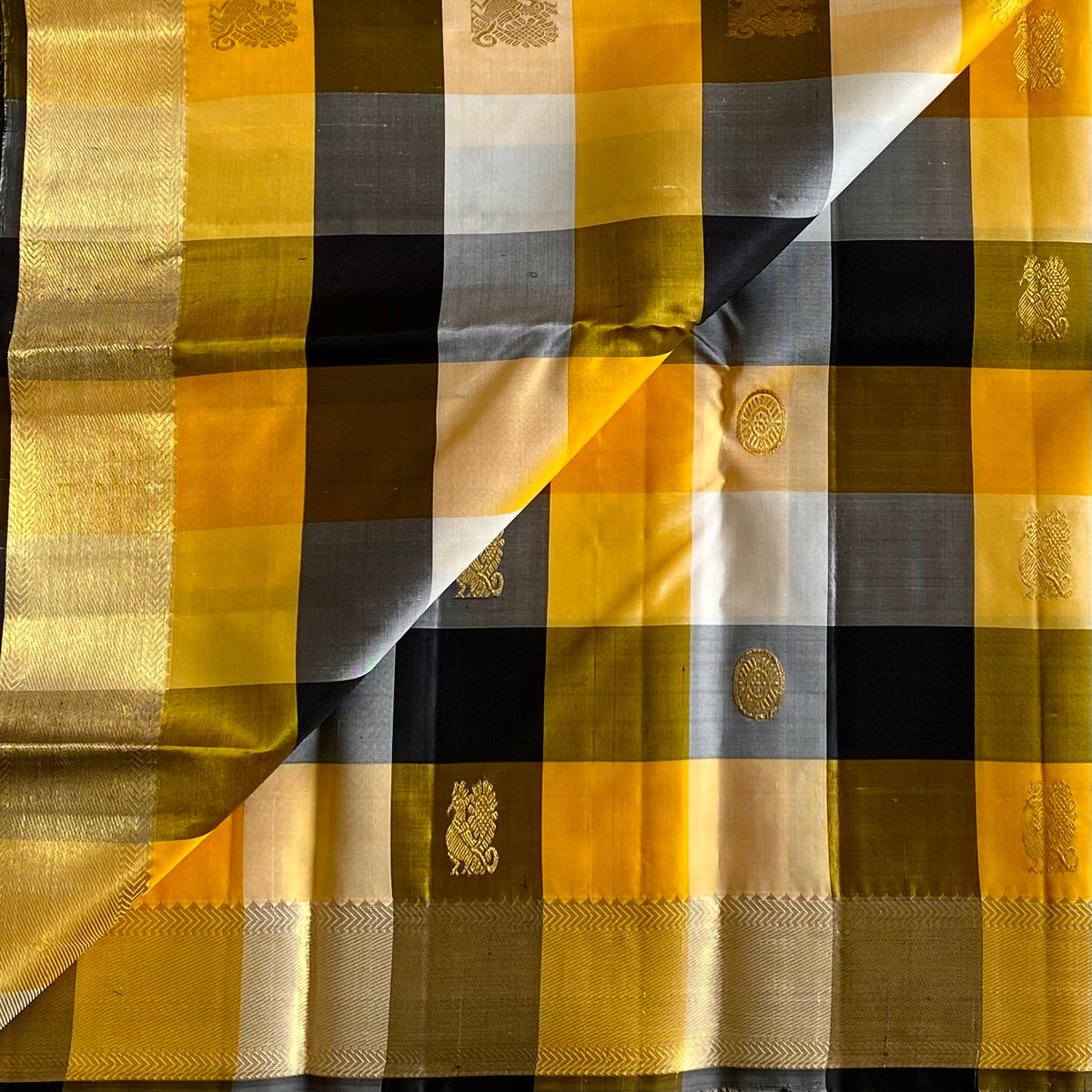 Mustard Yellow Jet Black Kanjeevaram Pure Zari Silk Saree With Rich Intricate Pallu