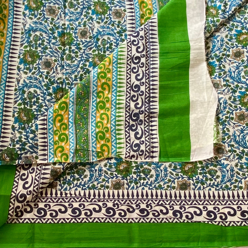 Green Teal Floral Block Print Cotton Saree With Printed Border
