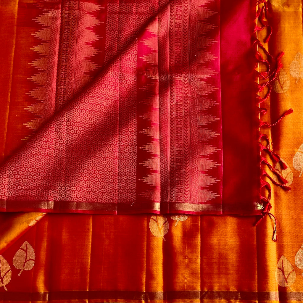 Saffron Orange Designer Pure Silk Saree With Rich Magenta Pallu