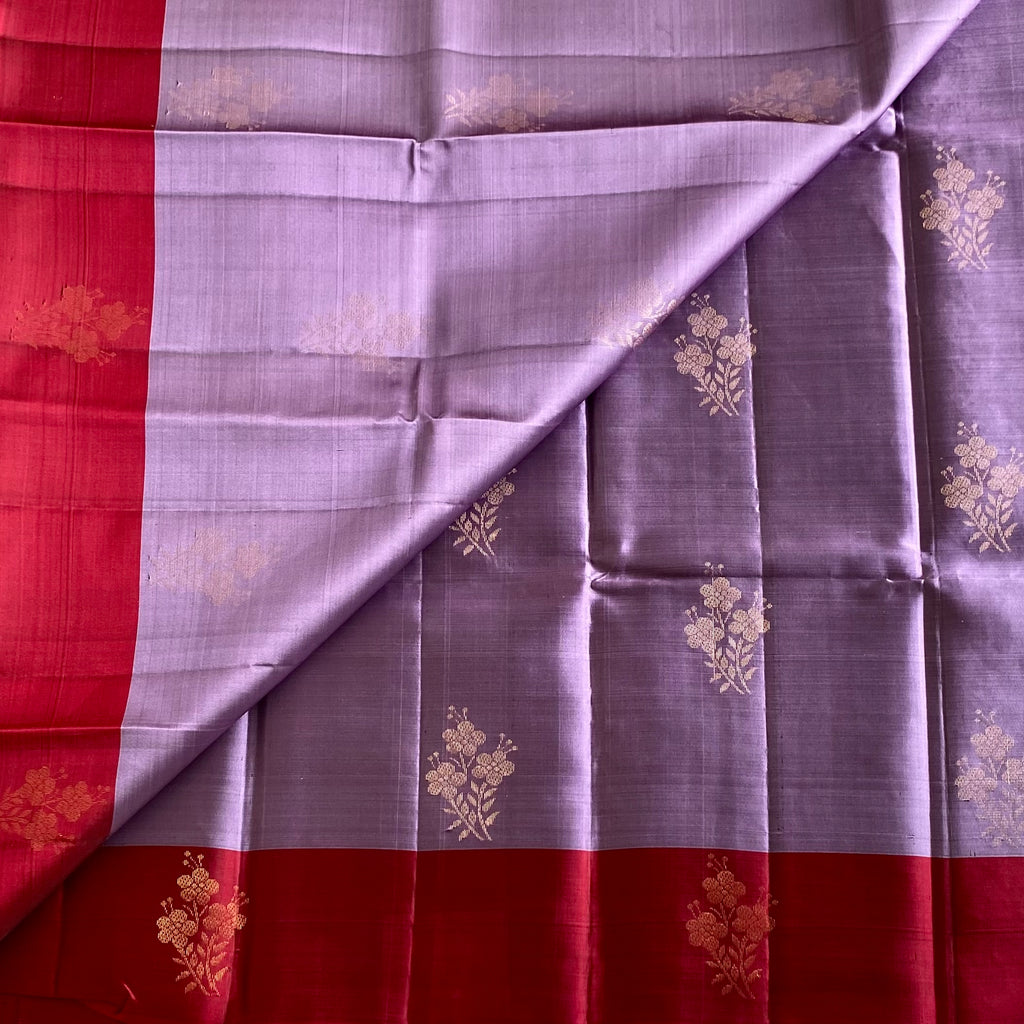 Metallic Lavender Designer Pure Silk Saree With Deep Magenta Pallu