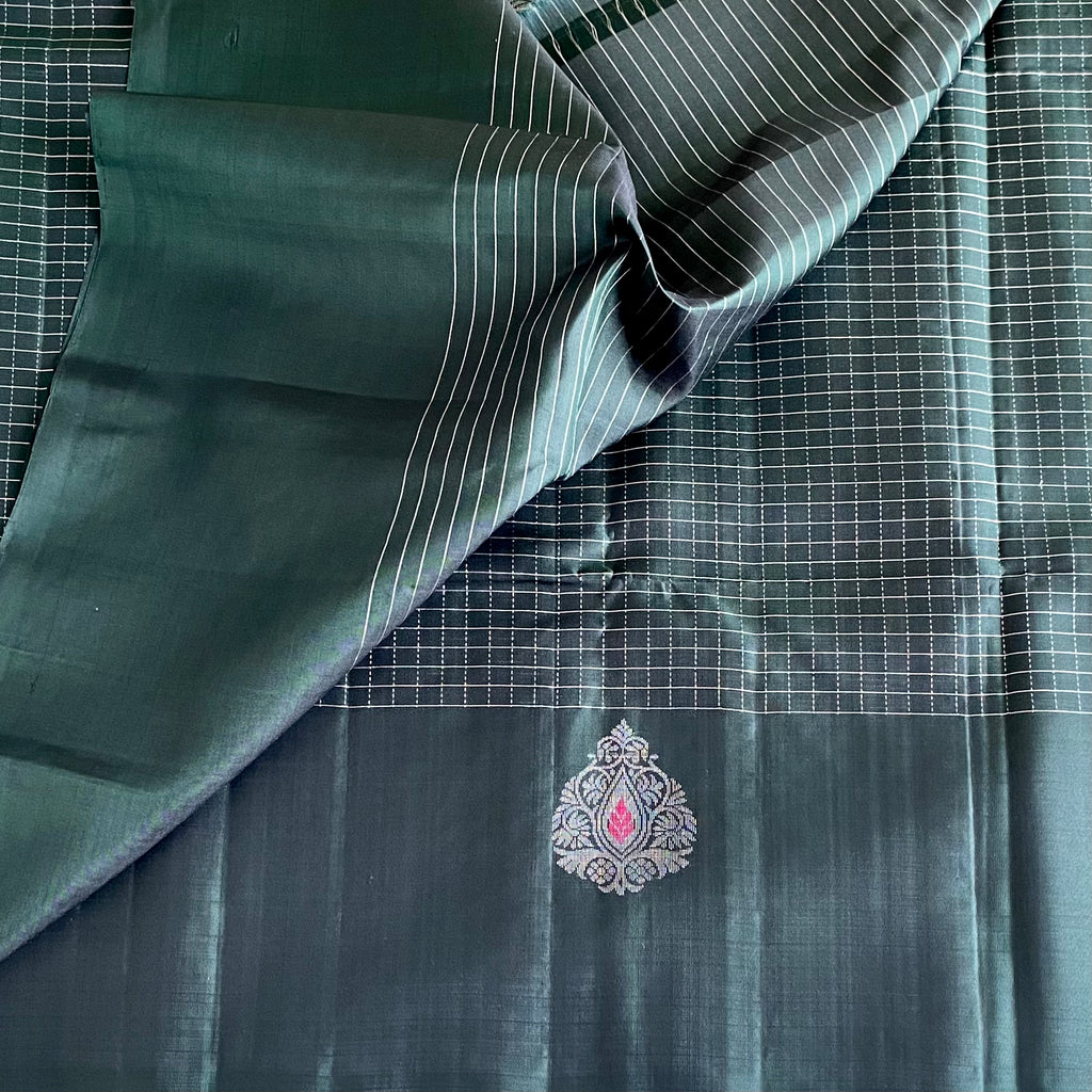 Bottle Green Designer Pure Silk Saree With Metallic Silver Pallu