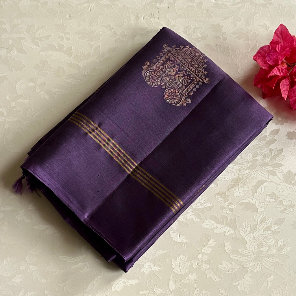 Plum Purple Gold Zari Temple Floral Silk Saree Wedding Festive
