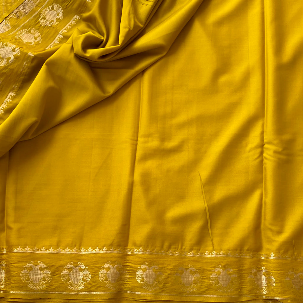 Mustard Yellow Silk Saree Golden Border Round Motif Festive Wear