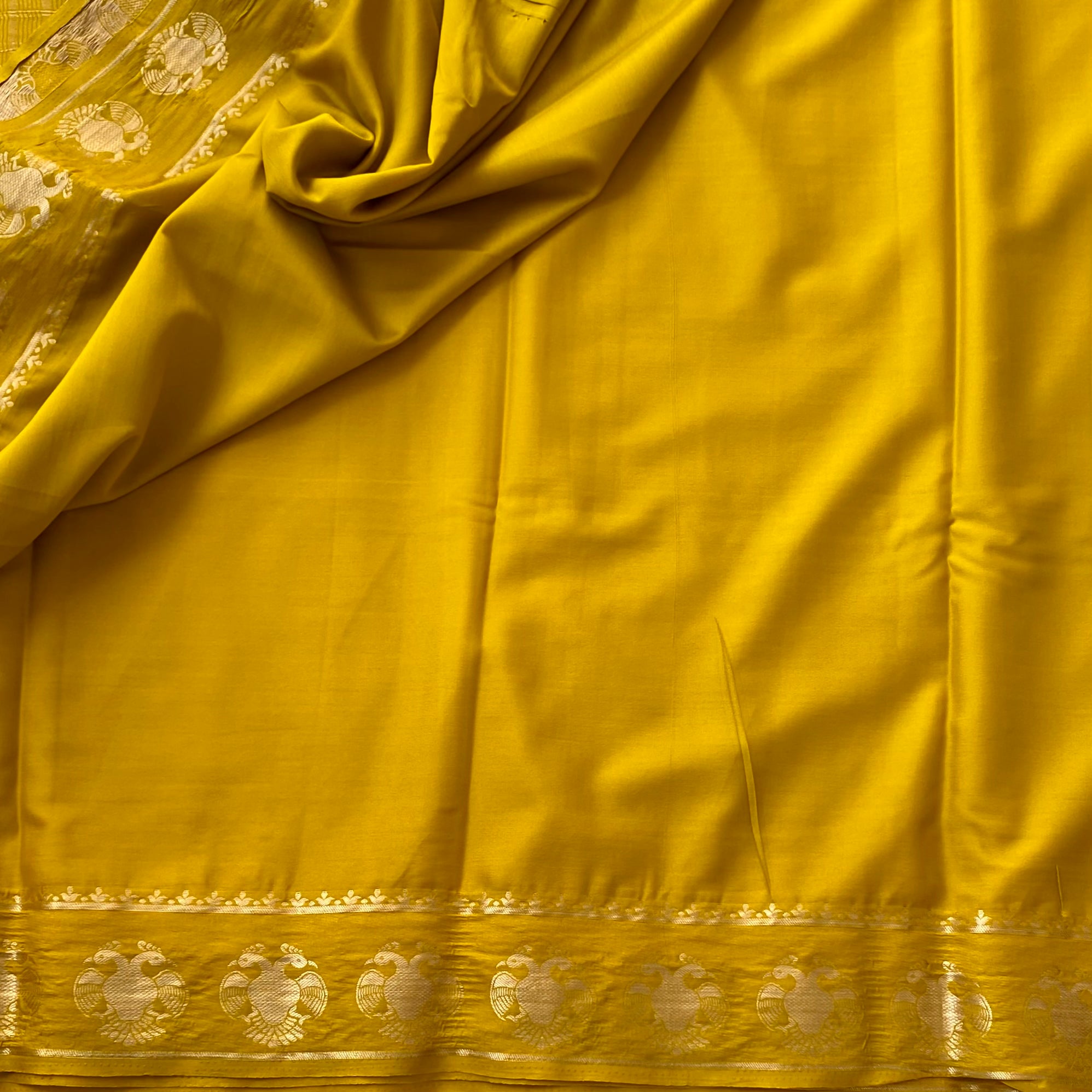 Mustard Yellow Silk Saree Golden Border Round Motif Festive Wear