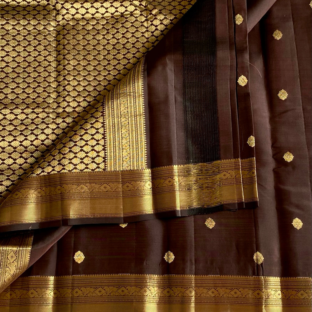 Chocolate Brown Designer Pure Silk Saree With Antique Gold Pallu