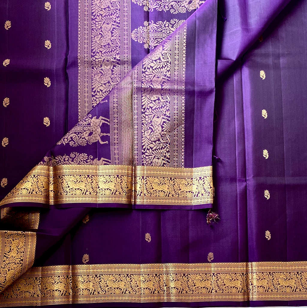 Royal Purple Saree Gold Woven Border Elephant Floral Pallu Silky